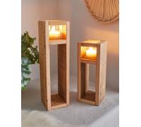 2x colonne photophore "Wood" en bois & verre, 30 + 40 cm de haut, porte-bougie, bougeoir, colonne décorative pour le salon, colonne en bois avec verre à bougie