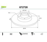 2x Disque de frein Essieu arrière plein 672720 VALEO pour CITROËN PEUGEOT