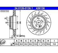 2x Disque de frein perforé/ventilé de l'intérieur 24.0126-0136.1 ATE