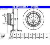 Disque de frein ATE 24.0110-0315.1 arrière, plein, à haute teneur en carbone, 1 pièce