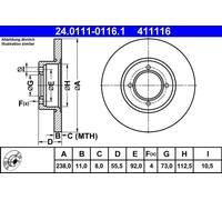 2x Disque de frein plein 24.0111-0116.1 ATE pour OPEL VAUXHALL