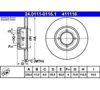 ATE Disque de frein 24.0111-0116.1 plein Avant Ø238 mm Épaisseur 11,0 mm pour OPEL/VAUXHALL 2x