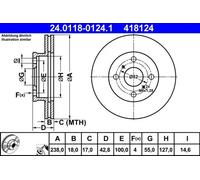 2x Disque de frein ventilé 24.0118-0124.1 ATE pour TOYOTA STARLET