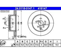 Disque de frein ATE 24.0118-0147.1 arrière, ventilé, 1 pièce