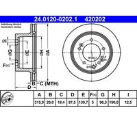 2x Disque de frein ventilé 24.0120-0202.1 ATE pour KIA SORENTO I