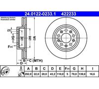 Disque de frein ATE 24.0122-0233.1 arrière, ventilé, 1 pièce
