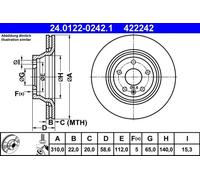 2x Disque de frein ventilé 24.0122-0242.1 ATE pour AUDI TT TT Roadster
