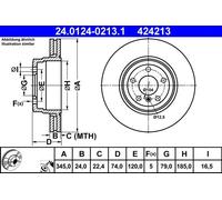 2x Disque de frein ventilé 24.0124-0213.1 ATE pour BMW 7