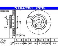 2x Disque de frein ventilé 24.0124-0215.1 ATE pour MITSUBISHI CITROËN PEUGEOT