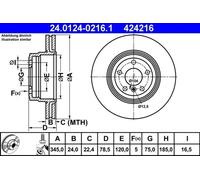 ATE Disque de frein 24.0124-0216.1 arrière, ventilé, haute teneur en carbone, 1 pièce