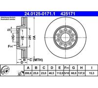 Disque de frein ATE 24.0125-0171.1 avant, ventilé, à haute teneur en carbone, 1 pièce