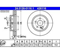 ATE Disque de frein 24.0126-0116.1 – avant, ventilé, à haute teneur en carbone – 1 pièce