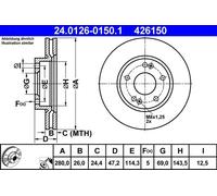 ATE Disque de frein 24.0126-0150.1 avant, ventilé, à haute teneur en carbone, 1 pièce