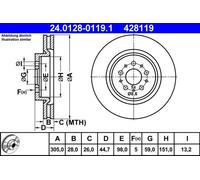 Disque de frein ATE 24.0128-0119.1 avant, ventilé, 1 pièce