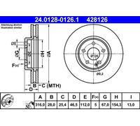 Disque de frein ATE 24.0128-0126.1 avant, ventilé, à haute teneur en carbone, 1 pièce