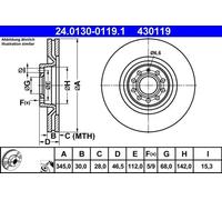 2x Disque de frein ventilé 24.0130-0119.1 ATE pour AUDI A4 B6 Avant A4 B7 A4 B6