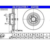 Disque de frein ATE 24.0134-0100.1 avant, ventilé, à haute teneur en carbone, 1 pièce