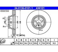 Disque de frein ATE 24.0136-0101.1 avant, ventilé, à haute teneur en carbone, 1 pièce