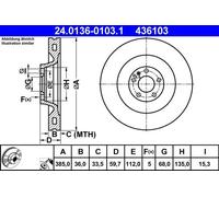 Disque de frein ATE 24.0136-0103.1 avant, ventilé, à haute teneur en carbone, 1 pièce