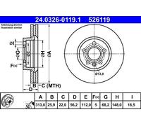 2x Disque de frein ventilé 24.0326-0119.1 ATE pour VW SEAT FORD