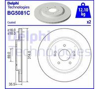 2x Disque de frein ventilé BG5081C DELPHI pour HYUNDAI SANTA FE IV