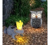 Sculpture de jardin hibou solaire pour l'extérieur décoration de jardin sculpture figure de grenouille batterie grise, plastique, LED 0,06 watts, lot de 2