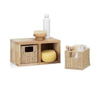 2x Etageres cube rangement, 4 paniers amovibles, corbeille bois noyer couloir chambre cuisine montage mural, nature