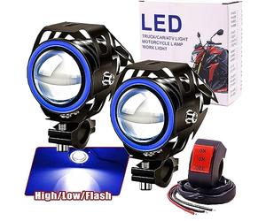 2X Feu antibrouillard pour Moto, projecteurs de Moto avec Feux Yeux d'ange, Feux de Conduite antibrouillard de Moto, Phare Avant Haut/Faible/stroboscopique 3 Modes, Halo Bleu avec Interrupteur