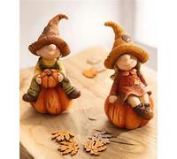 2x Figurine de décoration "lutin citrouille" couple de lutins 17 cm de haut, décoration d'automne, décoration d'halloween, décoration de balcon & jardin pour l'extérieur