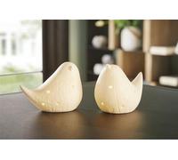 2x Figurine de décoration oiseau "pré fleuri" en porcelaine, blanc, avec éclairage LED, décoration lumineuse, figurine en porcelaine, décoration de printemps
