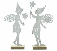 2x Figurine décorative "Fée des fleurs" en métal, blanc mat au look shabby, fée avec fleur