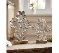 2x Figurine décorative Fleur "Argent" en aluminium avec finition antique, décoration de table, fleur décorative