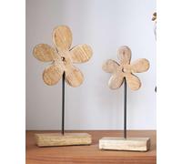 2x Figurine décorative "Fleur" en bois de manguier, 25 + 30 cm de haut, décoration de table, décoration en bois