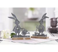 2x Figurine décorative Lapin "Jardinage" en métal, gris, décoration de Pâques, lapin de Pâques, set de figurines