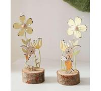 2x Figurine décorative Lapin "Pré fleuri" en MDF & métal, hauteur 18 cm, décoration de Pâques, lapin de Pâques, figurine de lapin