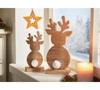 2x Figurine décorative "renne" en bois recyclé au look shabby, avec petite queue blanche en pompom