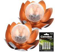 2x Fleur de lotus solaire décorative en métal avec boule en verre - lumière blanche chaude agréable - effets lumineux de rêve - aspect verre brisé avec 4x accumulateurs de rechange