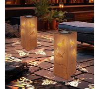 Lampe solaire décoration jardin lanterne rouille lampe exterieur jardin, poinçonnage décoratif papillon, métal, LED, LxH 10,2 x 26 cm, lot de 2