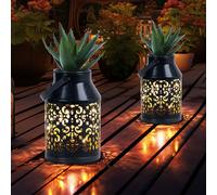 Lampes solaires pour décoration de balcon extérieur motif décoration de jardin lanterne solaire en métal jardinière suspendue, noir, LED, DxH 10x16 cm, lot de 2