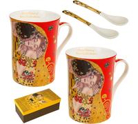 2x Mugs à café Queen Isabell 250ml avec cuillère pour deux personnes Le baiser de Gustav Klimt Rouge Idée cadeau Porcelaine Paquet de 2