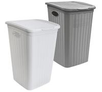 2x Panier à linge 50 Litres grand Blanc et Gris - Aspect rotin avec couvercle - Collecteur de linge avec trous 38x36x54cm Panier à linge trieur de linge Panier ménager Corbeille en plastique Boîte à
