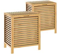 2x Panier à linge en bambou naturel avec couvercle Corbeille en bois avec sac 62 L Rangement vêtements