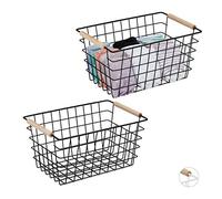2X Paniers Fil métal, poignée en Bois, rectangulaire, Design quadrillé, vêtements, Accessoires, HxLxP: 16x31x21 cm, Noir