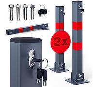 2x Poteau de stationnement barrière parking pliable 3 clés verrouillable acier accessoires bandes réfléchissantes borne