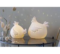 2x poule "White" en porcelaine, blanche, avec éclairage LED, décoration de Pâques, figure de poule, figure décorative