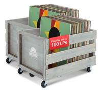 2x Rangement Vinyles Caisse Range en Bois Retro 100 LP Disques 4 Roulettes Gris