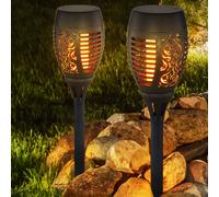 Lot de 2 lampe à bougie solaire LED décor poinçonnages effet scintillement de feu jardin lampe d'extérieur terrasse piquet de sol