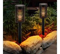 Torche solaire, lampe d'extérieur, lampe de terrasse, lampe à brancher avec perforations décoratives, batterie intégrée, effet feu, noir, 1x LED, DxH 6,6x30 cm, lot de 2