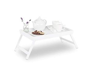 2X Tablettes de Lit Bambou Pieds Rabats Rebords Plateau de Service & Petit Déjeuner, HLP 22 x 64 x 31 cm, Blanc