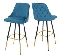 2x tabouret de bar HWC-E70, chaise de bar/comptoir, design rétro, velours, haubans/pieds dorés pétrole